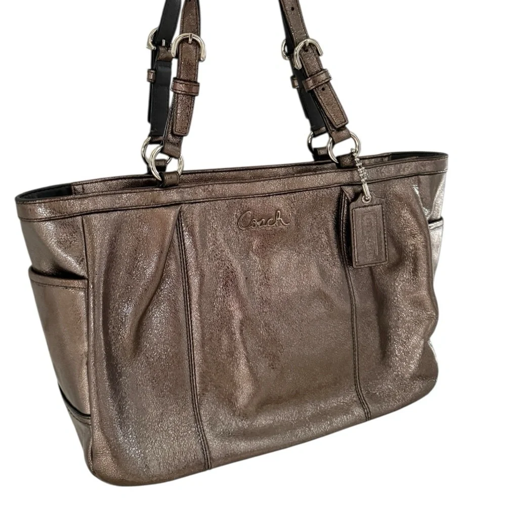 COACH Gallery East West Tote Metallic Leather Shoulder Bag Shimmering Bronze